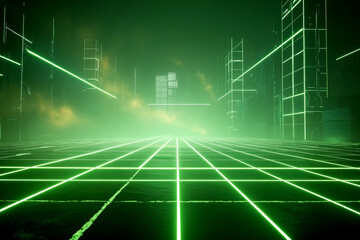 Futuristic Green Grid with Foggy Background