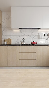 Vertical Stylish Modern Kitchen with Marble Backsplash and Wooden Cabinets