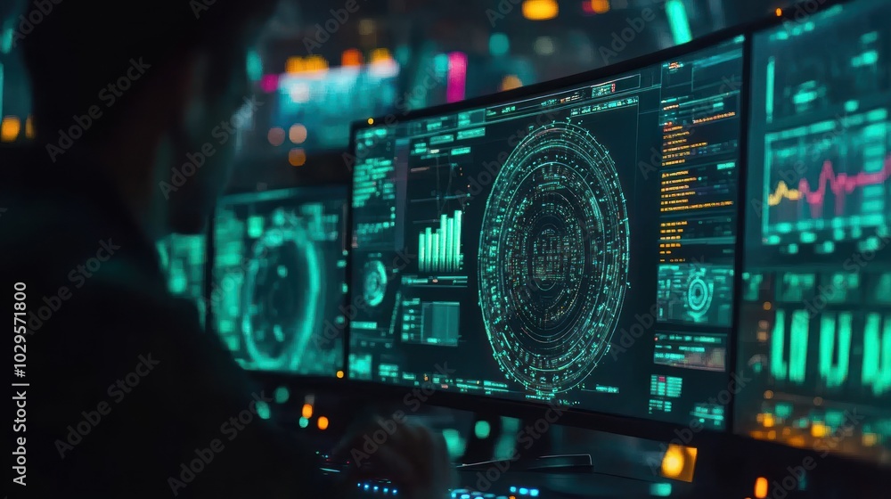 Poster Hacker in a Dark Room Monitoring Computer Screens