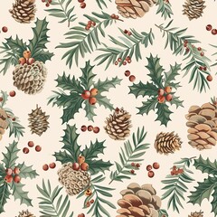 Fototapeta premium Festive seamless design of watercolor holly leaves, berries, pine cones, and stars in beige, green, red, and gold tones for holiday cheer.