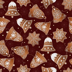 Christmas hand drawn seamless pattern with gingerbread cookies. Watercolor texture. Christmas bell. Perfect for textiles, wrapping paper. kitchen decor. 