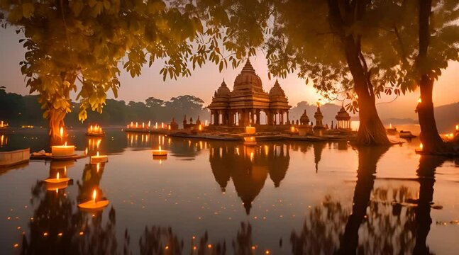Diwali festival with floating candles in a river, Indian temples in the background