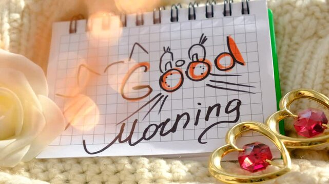 Text Good Morning on paper, notepad. Motivation. Love. Atmospheric mood. Cute kitten picture	