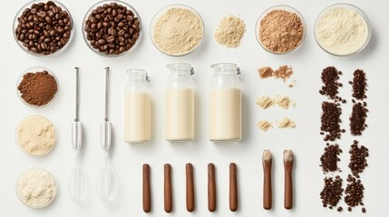 Coffee, Milk, and Oat Milk Ingredients Arranged on White Background