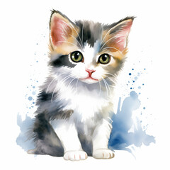 Watercolor Painting of a Cute Kitten with Adorable Big Eyes on a White Background. Perfect for Animal Lovers and Pet-Themed Decor.