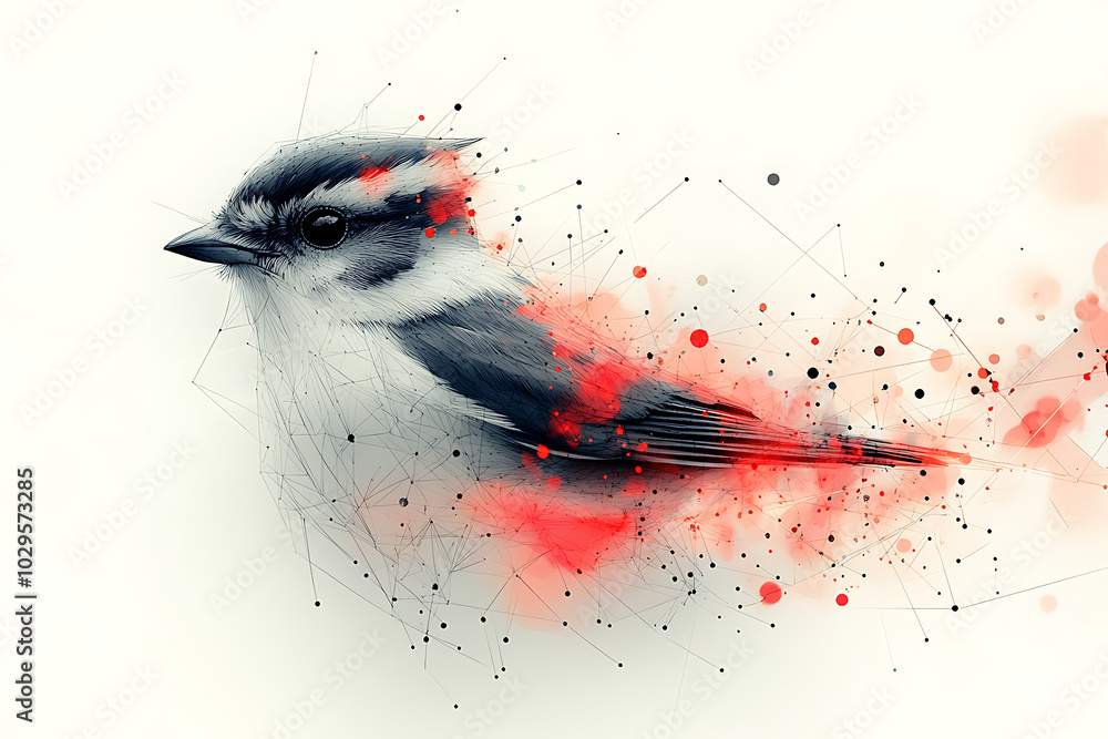 Poster a vibrant abstract bird illustration made of geometric particles and lines, creating a futuristic an