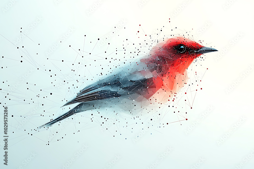 Poster a vibrant abstract bird illustration made of geometric particles and lines, creating a futuristic an