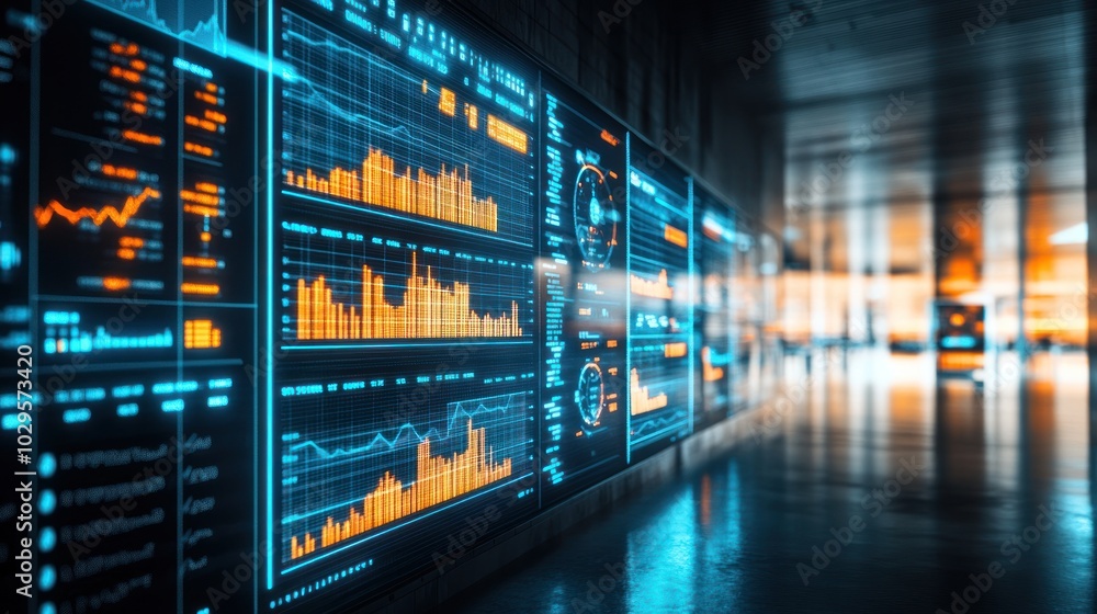 Poster Wall of Monitors Displaying Data and Graphs