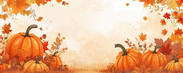 Charming watercolor banner background of pumpkins and autumn leaves in soft orange hues. Ideal for fall-themed invitations, seasonal stationery, or rustic harvest celebrations or Thanksgiving events