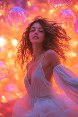 Naklejka premium Beautiful young woman dancing with soap bubbles in neon light