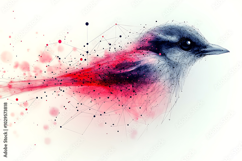Poster a vibrant abstract bird illustration made of geometric particles and lines, creating a futuristic an