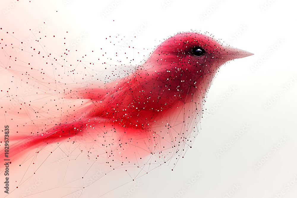 Poster a vibrant abstract bird illustration made of geometric particles and lines, creating a futuristic an