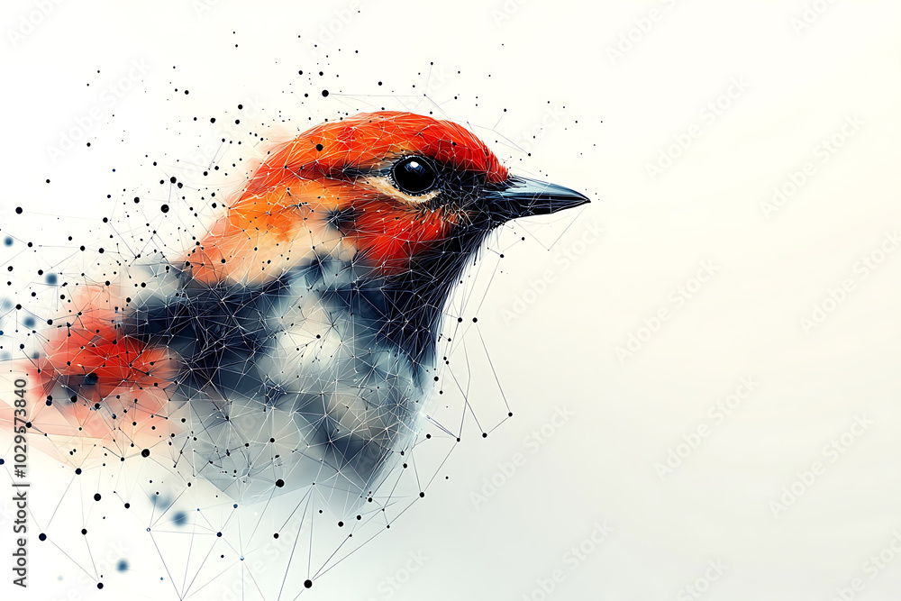 Poster a vibrant abstract bird illustration made of geometric particles and lines, creating a futuristic an