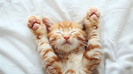 A cute ginger kitten peacefully sleeps on a white bed, with its paws adorably stretched out. Perfect for calm and peaceful moments. adorable cat cute kitten peaceful