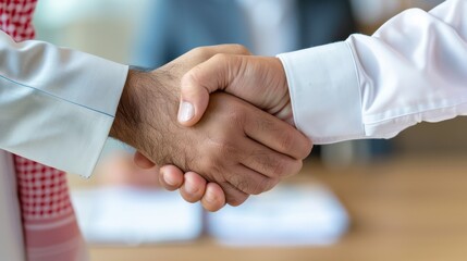 Close-up of a multicultural handshake symbolizing partnership and agreement in a business setting. Diversity and cooperation concept.
