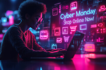 A person shopping online during Cyber Monday sales illuminated by vibrant digital ads at night