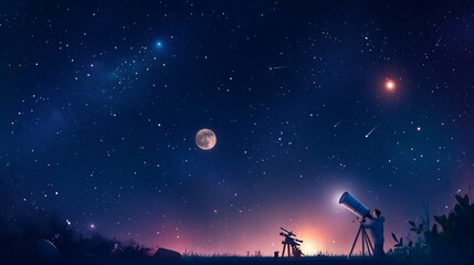 Starry night observation with a telescope under the vast cosmos filled with stars and a bright moon in a serene environment