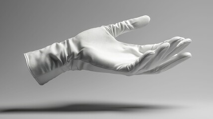 An elegant white gloved hand is shown reaching out against a gray background, creating a serene and classy visual effect.