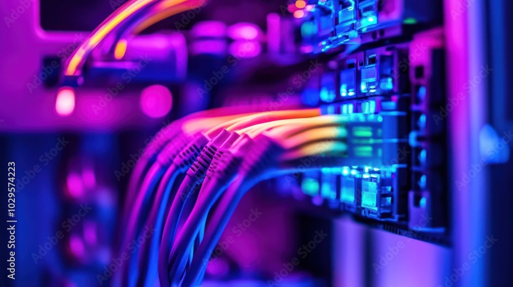 Poster close-up of colorful network cables connected to a server rack