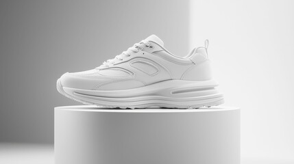 A set of fashionable white sneakers showcased on a minimalistic podium, highlighting their sleek design in a bright, modern environment.