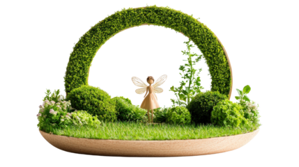 Artistic miniature garden with green moss arch and fairy figurine on wooden base, perfect for enchanting home decor and nature lovers.