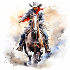 Naklejka premium Watercolor Illustration of Cowboy Riding Horse in Action with Splash Background