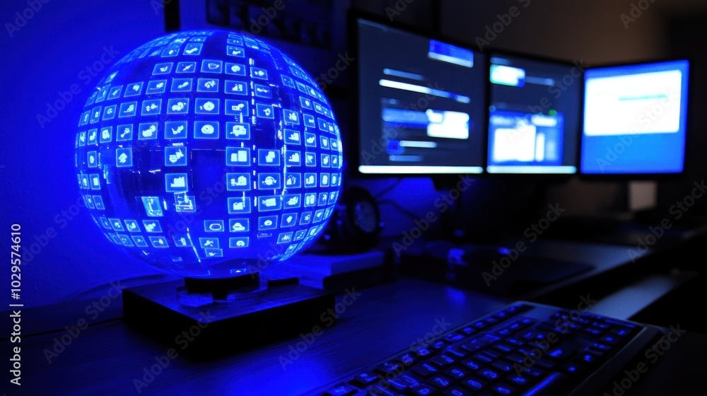 Poster Illuminated Globe with Computer Icons and Keyboard in a Dark Room