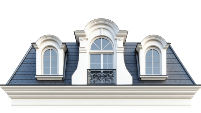 Elegant architectural detail of a classic mansard roof with dormer windows and ornate balcony railing, showcasing vintage design elements.