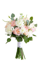 Obraz premium Elegant bouquet with soft pink roses, transparent chrysanthemums, and greenery, perfect for weddings and special occasions, exuding natural beauty.
