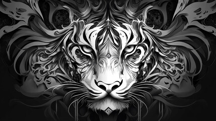 Abstract Black and White Tiger Face with Floral Design