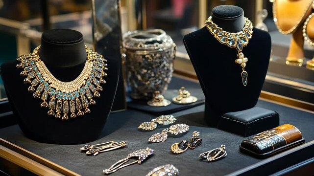 A jewelry display case features several pieces of ornate jewelry, including a large jeweled necklace, earrings, and a decorative box
