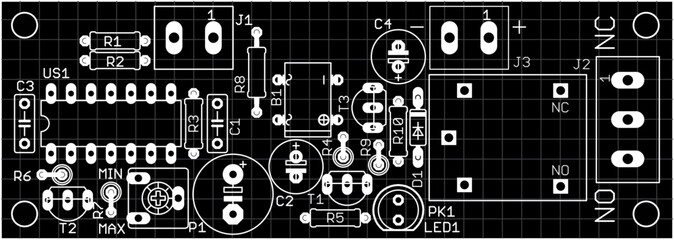 Placement of components of radio elements (contact
pads and seats) on printed circuit
board of electronic device.
Vector engineering 
drawing of pcb. Electric technic cad background with grid.