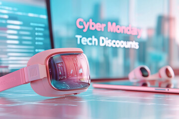 Virtual reality headset and tech gear on display during Cyber Monday sales in a modern workspace with city skyline
