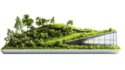 Innovative landscape design featuring a modern building integrated with lush greenery and terraced gardens for sustainable architecture.