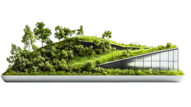 Innovative landscape design featuring a modern building integrated with lush greenery and terraced gardens for sustainable architecture.