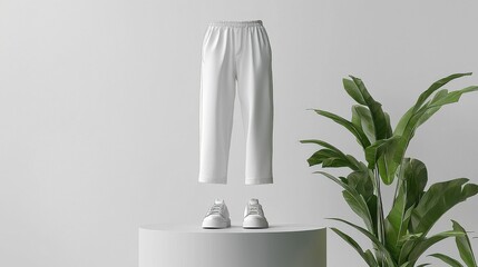 A minimalist display featuring white pants above a pair of white sneakers, set against a light background with a green plant for a stylish ambiance.