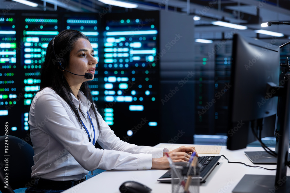 Poster data center call center operator responsible for providing logistics support to clients. employee in