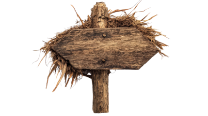 Rustic wooden signpost with an arrow shape, covered in dried grass, isolated on a transparent background for use in direction or navigation themes.
