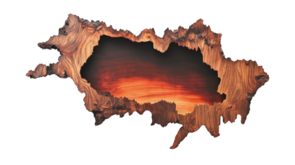 Surreal image showcasing a wood texture resembling a rugged landscape with a striking, fiery sunset in the center.