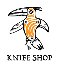 Knife shop logotype template with bird shaped folding knife 