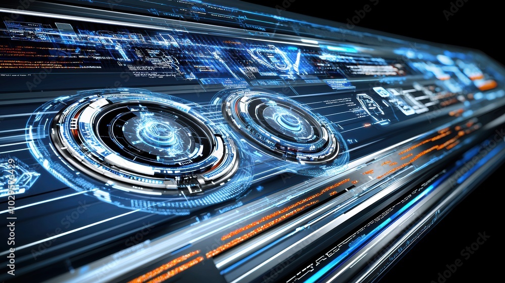 Poster futuristic digital interface with data visualizations