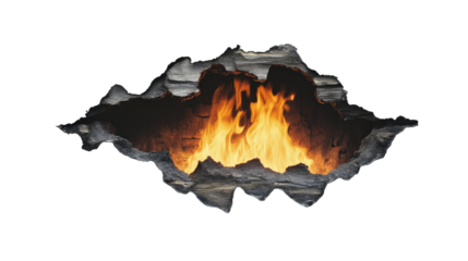 Vivid flames burst through cracked wall, creating a dramatic and fiery display, symbolizing strength, destruction, and raw energy.