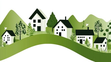 Green Landscape with Abstract Houses and Trees