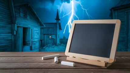 Fototapeta premium Wooden table with empty chalkboard and spooky background with lightning