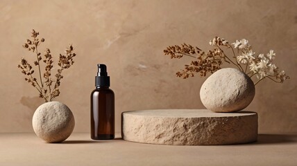 Naklejka premium Abstract nature scene Stone podium composition and dry flower on beige brown background for cosmetic, beauty product branding, perfume, skin care and cosmetic backdrop. Copy space, front view