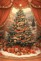 Fototapeta premium Decorated Christmas tree with presents under the lights in a festive home setting during the holiday season