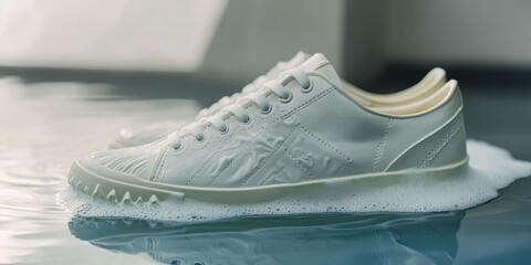 Closeup of white shoe sneaker wash in water and soap foam. Effective cleaning of white shoes, bleach, Dirty or clean footwear