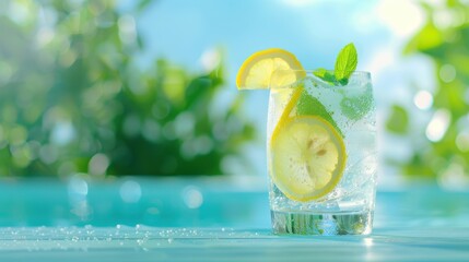 Refreshing glass of lemon water with mint and ice, set against a vibrant outdoor background, evoking a sense of summer and tranquility.