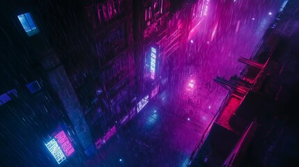 A vibrant neon cityscape illuminated during a rainstorm at night showcasing reflections on the wet pavement