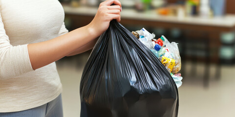 Woman holding the black plastic bag full of trash in her hand in room. Separate collection and recycling, garbage disposal